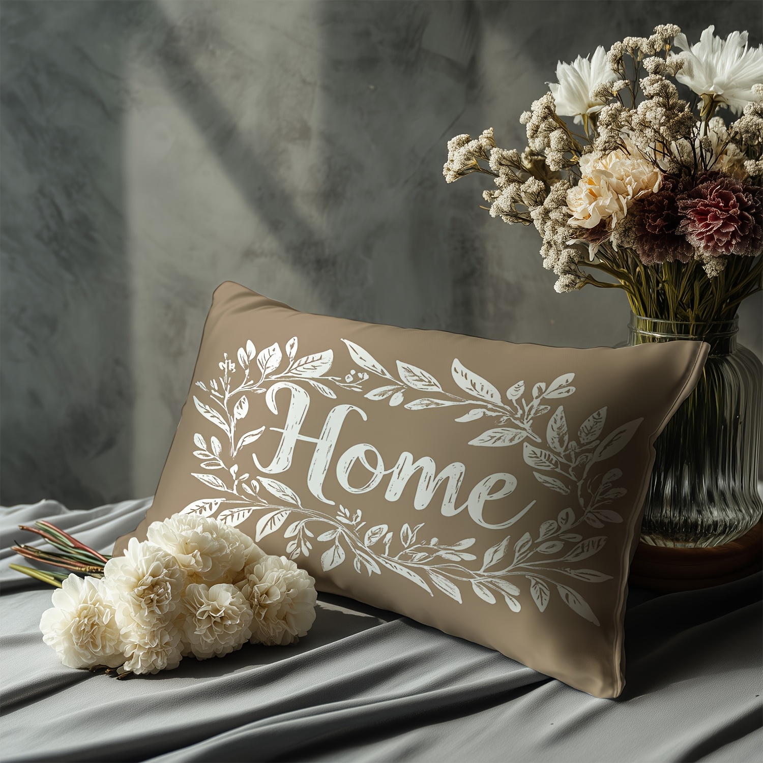 TEMU 1pc Of "home" Text Printed Instagram-style Botanical Illustration! A Smooth, Skin-friendly Brown Pillowcase That Adds To Your . A Decorative