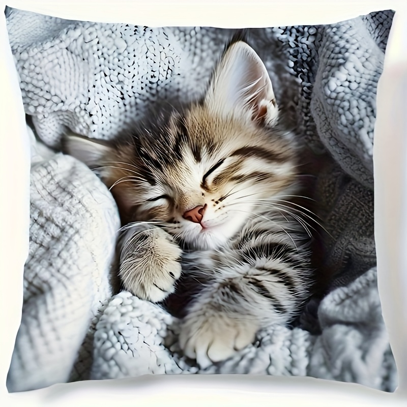 TEMU 1 taie d'oreiller en polyester imprimée sur une face avec motif chat , cadeau, décoration intérieure, taie d'oreiller pour canapé de salon,
