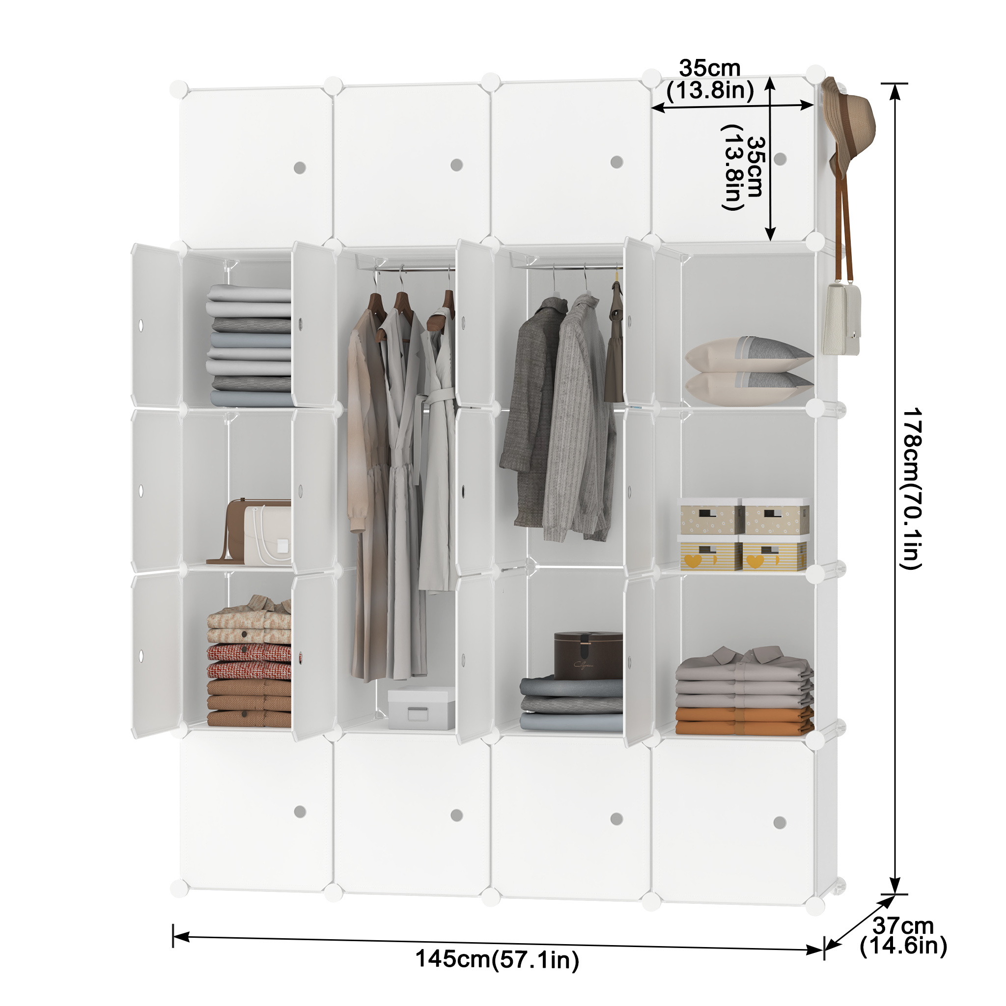TEMU Armoire, 20 étagères, Porte-vêtements en plastique PP, Armoire portable avec 2 rails pour vêtements, livres, jouets, 145 X 178 X 37 Cm