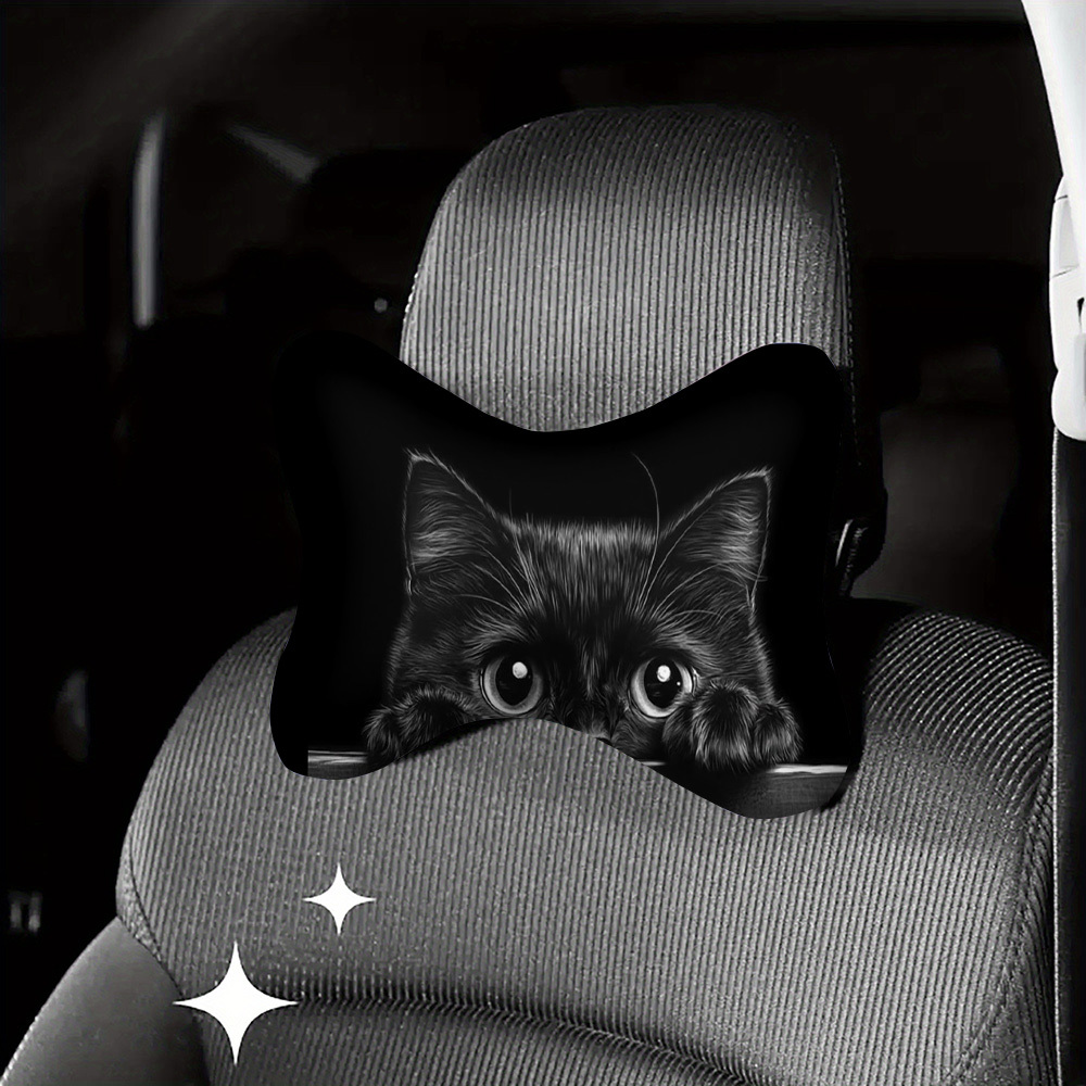 TEMU 1pc Black Cat Cute Print Car Headrest Pillow, Neck And Lumbar Support Cushion, Soft And Fluffy, Use, Suitable For Long-distance Driving, Daily