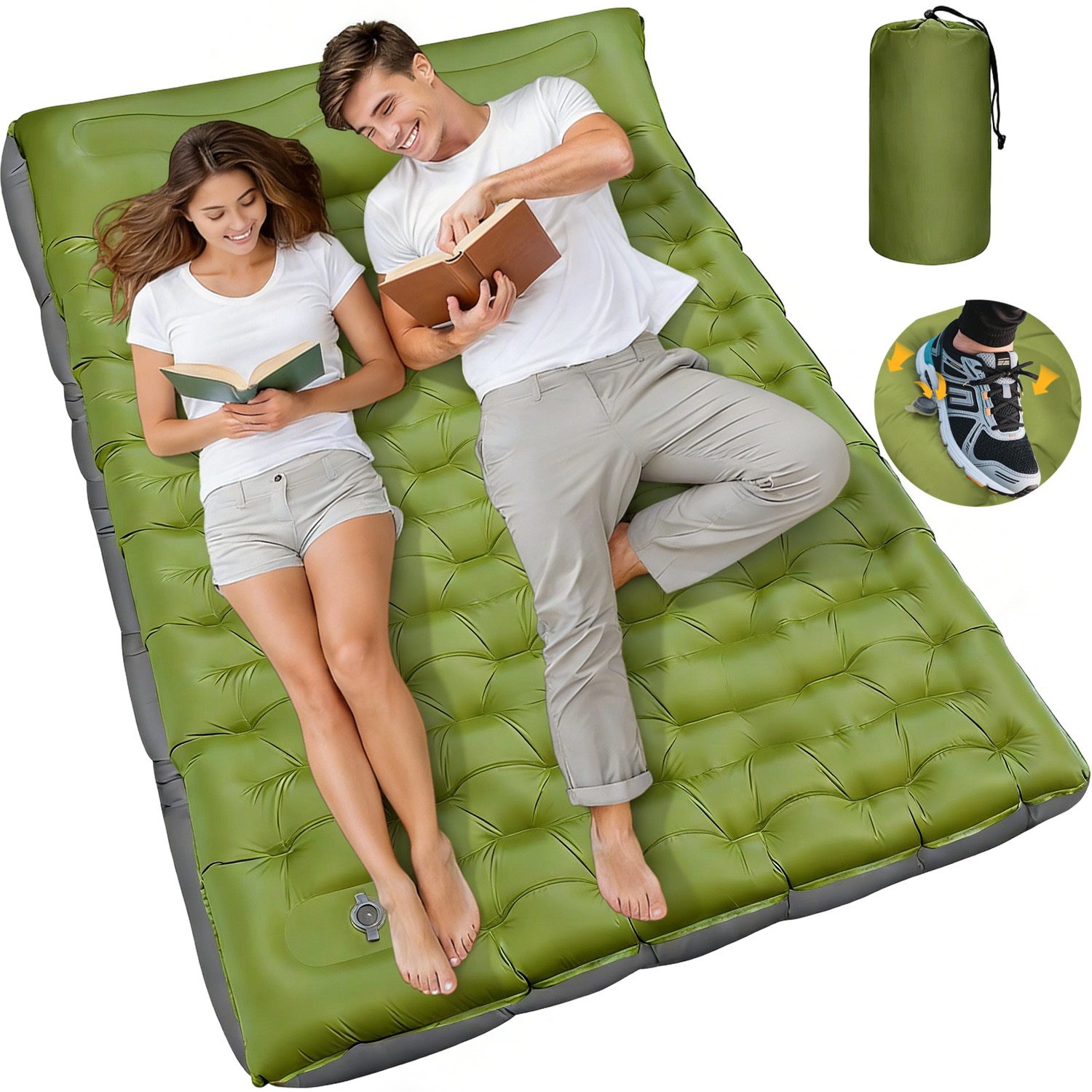 Image of Double Sleeping Pad - Self Inflating For 2 Person With Pillow Built-in Foot Pump Inflatable Sleeping Mat For Backpacking, Hiking, Traveling, Tent, Portable Camping Mat