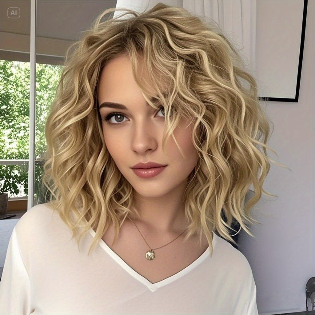 TEMU 14 Inch Ombre Blonde Bob Wavy Wig With Dark - 150% Ultra Thick Heat Resistant Synthetic Hair, Side Part Bangs & Natural Waves For Everyday Wear. , Party Events & Gifts