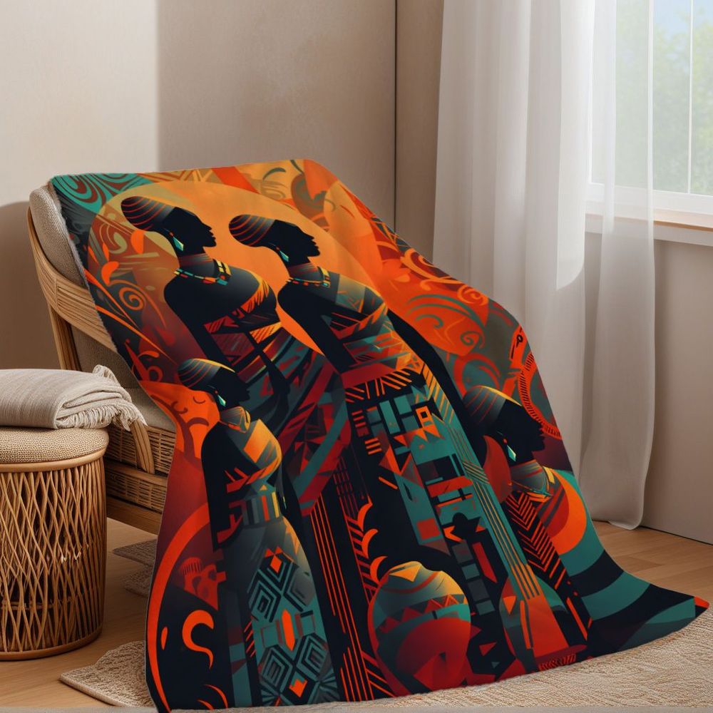 TEMU 1pc Blanket African-inspired Women Silhouette Geometric Pattern Throw Blanket, Vibrant Orange Teal , Intricate Decorative Blanket, Perfect For