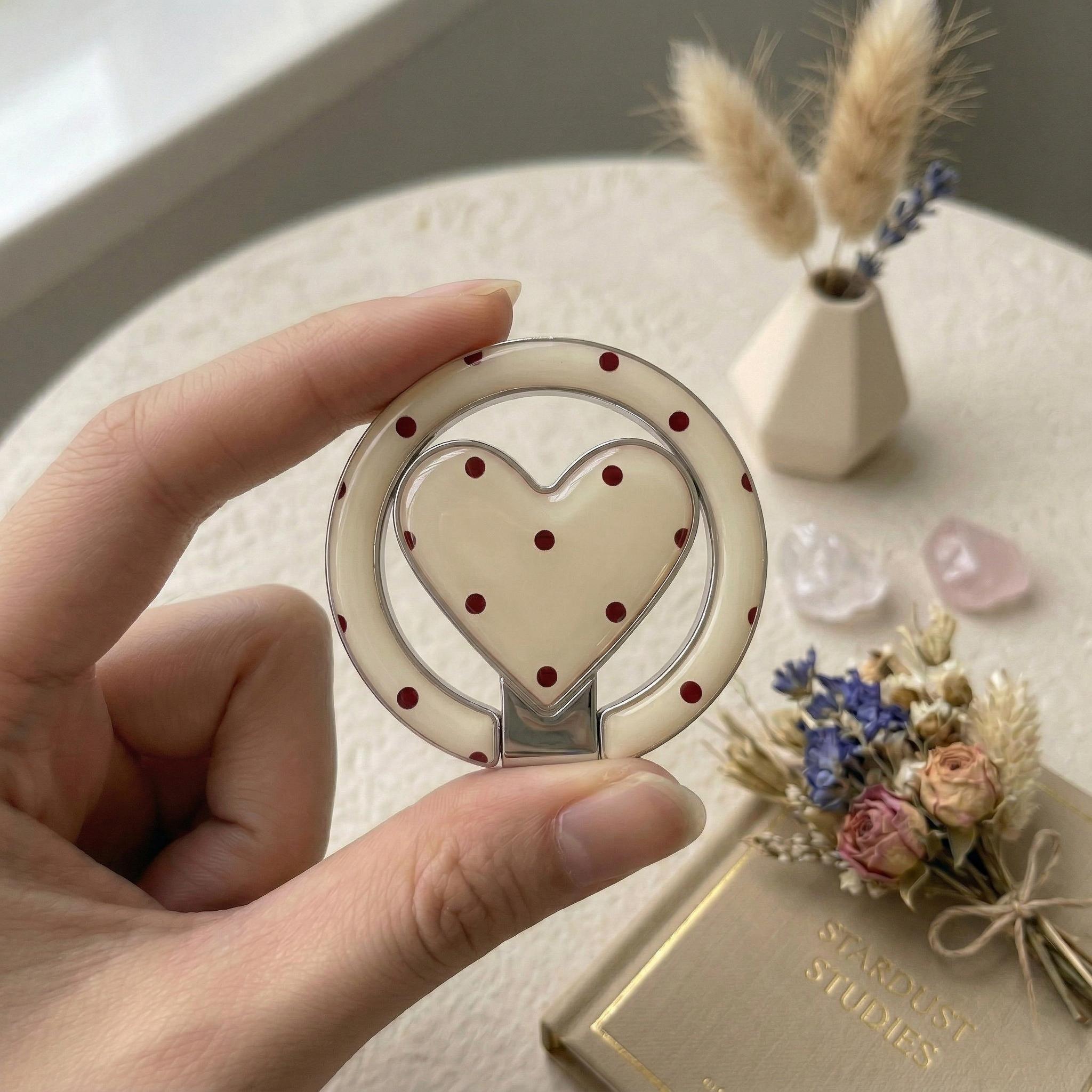 TEMU Ring-and-heart-shaped Magnetic Phone Mount With A Small Mirror On The Back Of ; Folds Easily For Convenient Use; A Gift For [works Best With