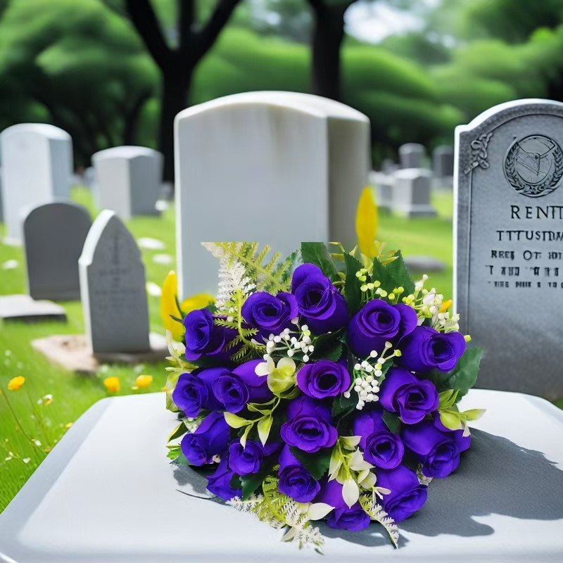 

A Bouquet Of 18 Vibrant Purple Artificial Outdoor Roses, Cemetery Adornment, Honoring Of Who Have .