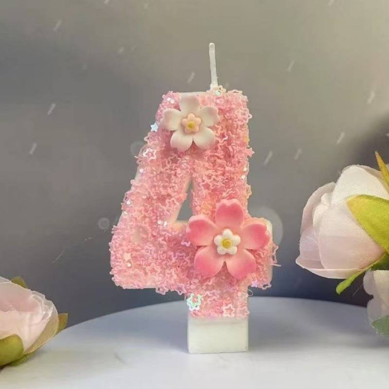 Candela Numero 4 Per Torta Di Compleanno, Rosa Con Fiori E Farfalle, Decorazione Per Festa Ragazza