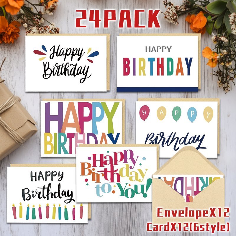 

24pcs Birthday Greeting Cards Set, Assorted Designs With Envelopes, Wishes, Paper Party Supplies, Suitable For , For 14+ Age Group