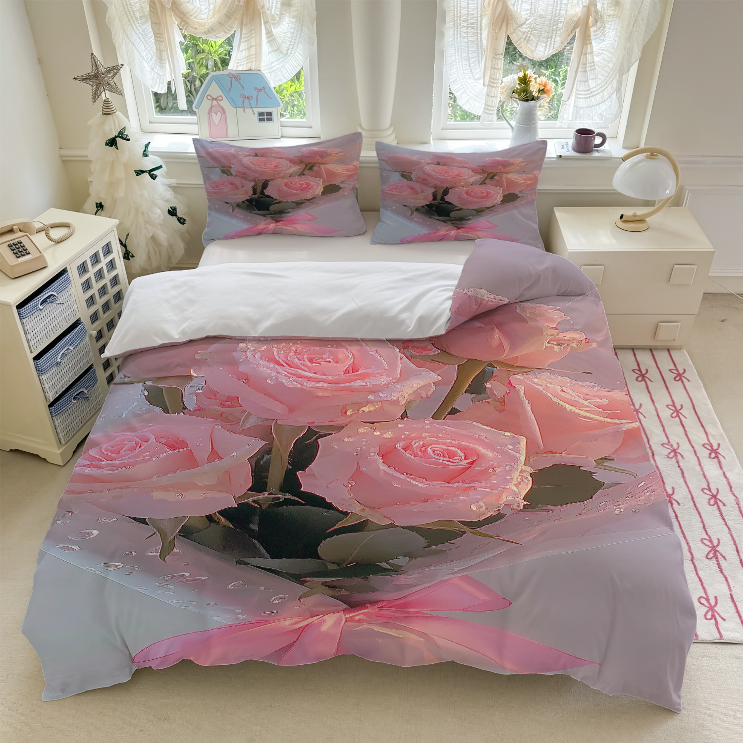 TEMU Set Of 3 Pink Rose Floral Bed (1 Duvet Cover   2 Pillowcases, Excluding Insert) For Bedroom Decoration