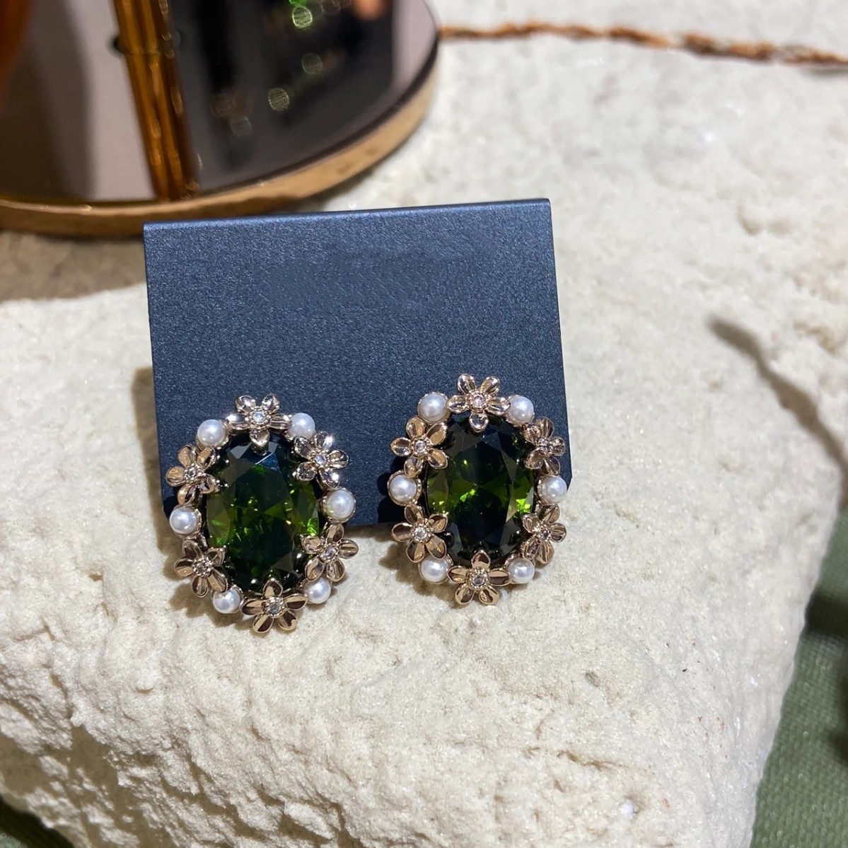 S925 Silver Olive Green Zirconia Stud Earrings Ring Necklace Set