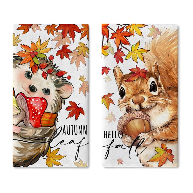 TEMU 2pcs Set Autumn Squirrel Hedgehog Maple Leaf Printed Theme Kitchen Towels, Suitable For Kitchen Decor, Cake Gift, Suitable For Women, , Sisters,