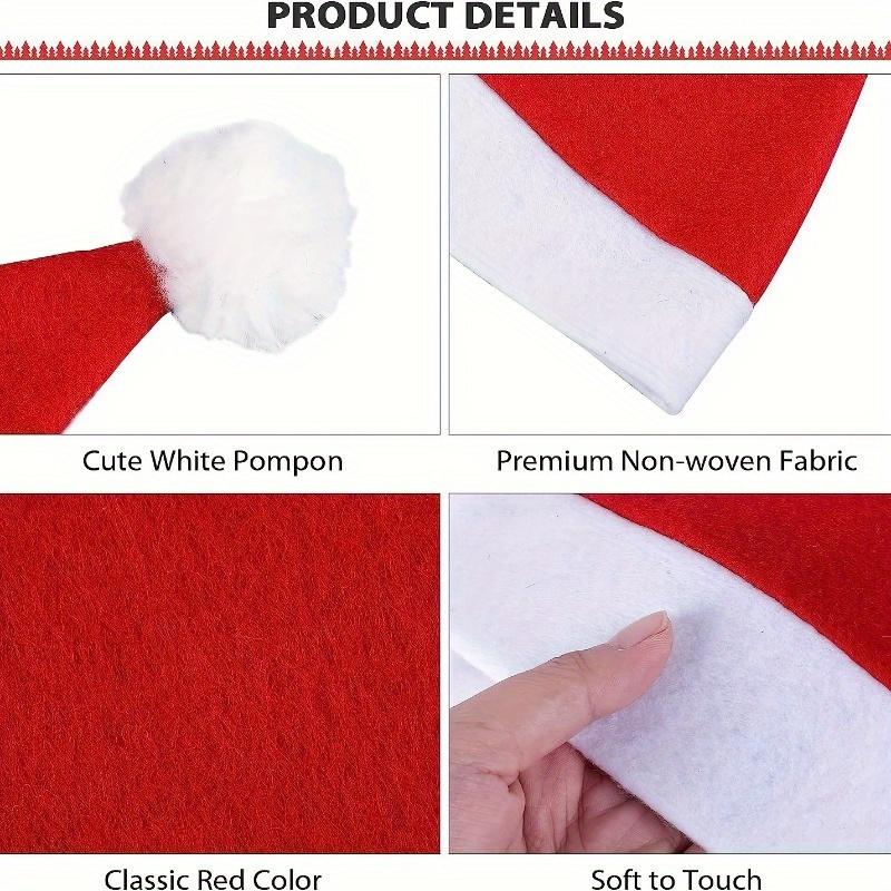 10/12/20/24pcs Adult Christmas Santa Hats, Dacron and Spandex, Hand Wash Only, for Christmas and New Year Parties, Festive Holiday Headwear Decorations details 6