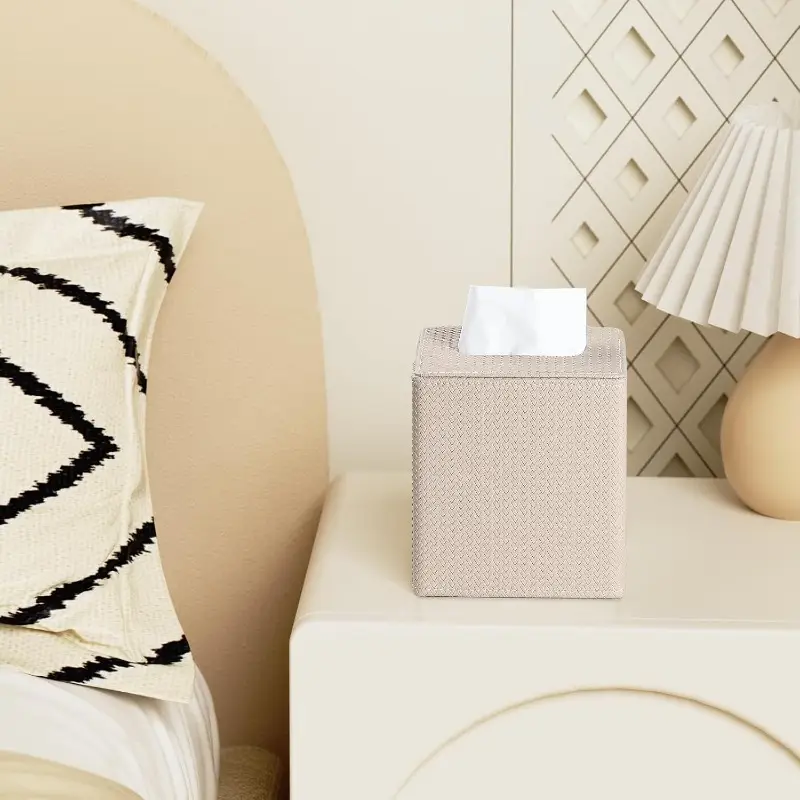 pu leather tissue box cover with magnetic closure - square woven texture design, dust-resistant cube holder for bathroom vanity, bedroom nightstand & office - fits standard tissues, decorative storage organizer (no clutter-free access) Product details 4