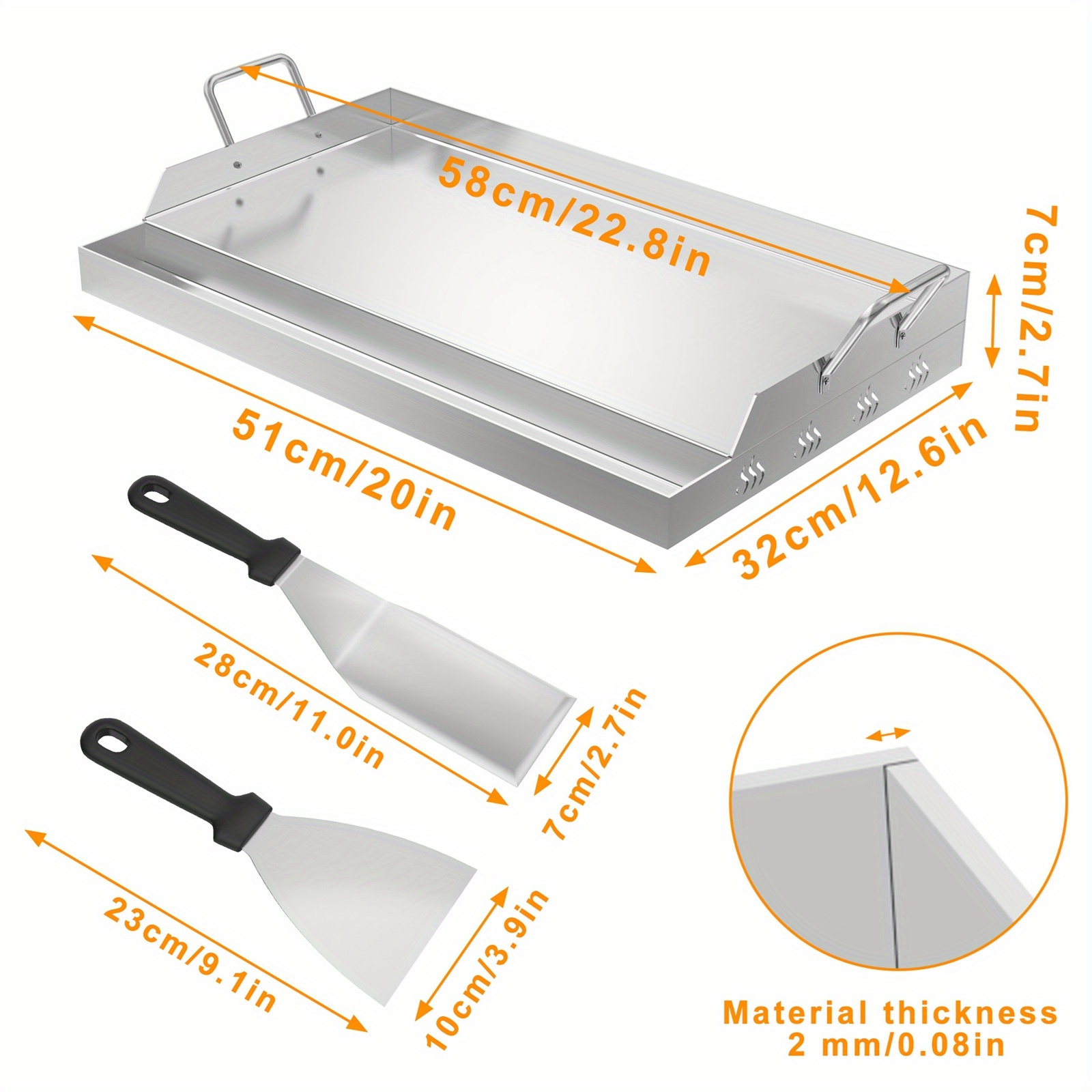 Stainless Steel Grill Tray With Handrails | Includes Grill Spatula And Scraper, Suitable For Grilling Steak And Vegetables, In Multiple Sizes, 430 Stainless Steel, Brand: Lars360
