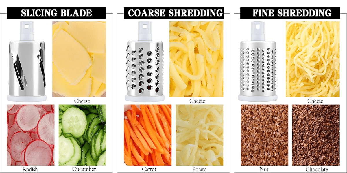 Hand-Cranked Rotary Cheese Grater | for Shredding Fresh Cheese, Vegetables, And Nuts, Metal, Non-Slip Suction Base, Includes Three-Blade Cleaning Brush