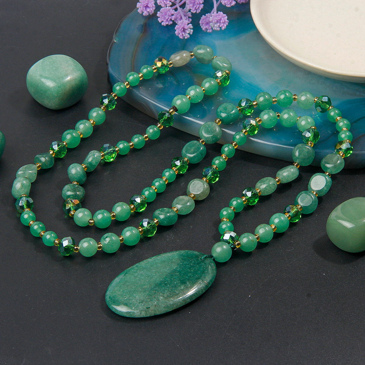 TEMU Collier pendentif en aventurine verte naturelle, longue chaîne pour pull finement artisanale, bijou , durable et pour un port toute l'année.