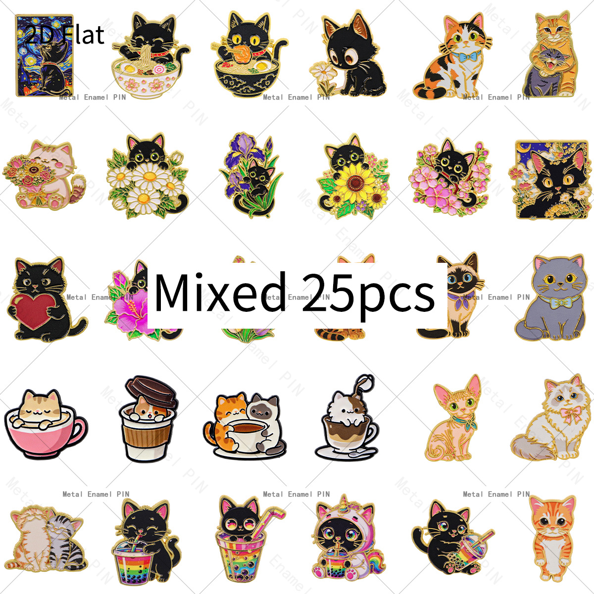 TEMU 2D Plat 25pcs Aléatoires Mélange de Pin' Revers Chat Cartoon Émaux et Broches Badges Pin's pour Sacs à Dos Sacs Cool Décoration Ami pour Cadeaux