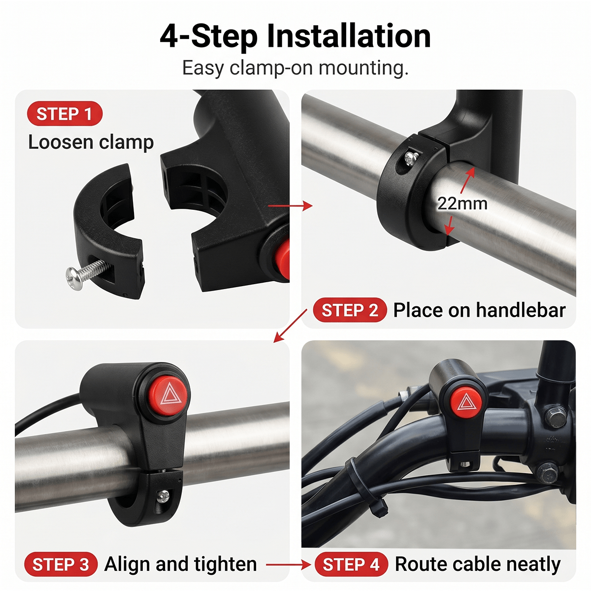 2 buc. Buton de urgență universal pentru ghidonul motocicletei, potrivit pentru scutere și vehicule electrice, accesorii pentru ghidonul motocicletei
