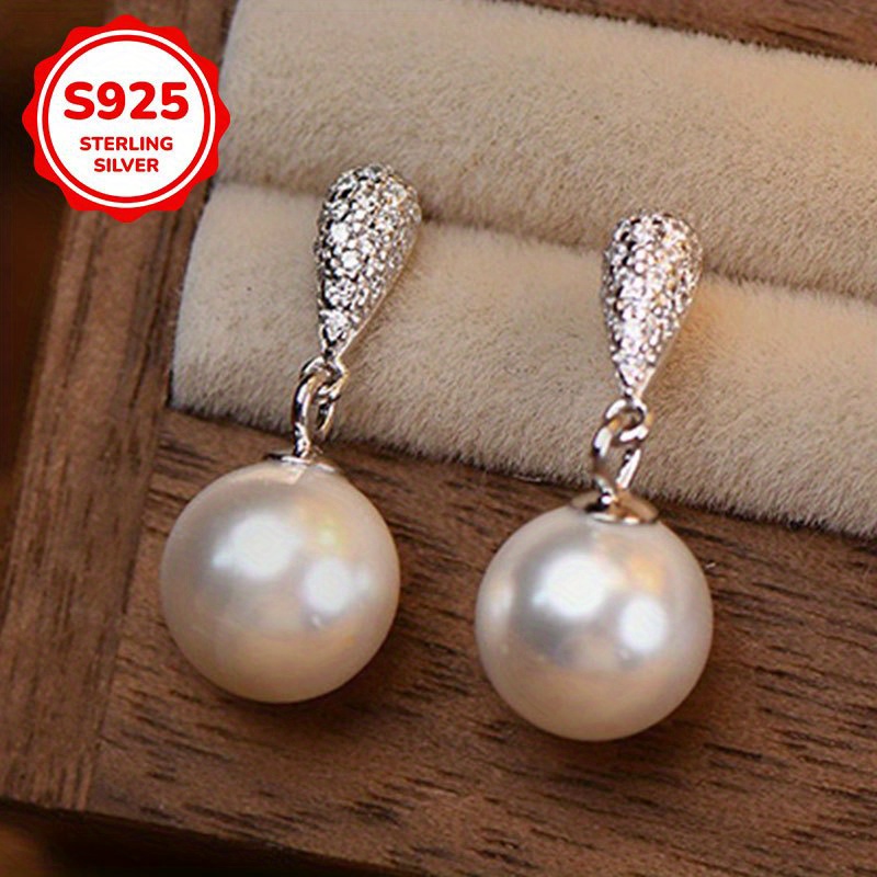1 pair of womens dangling earrings with s925 sterling silvery inlaid     pearl pendant elegant wedding party jewelry gift Product details 0