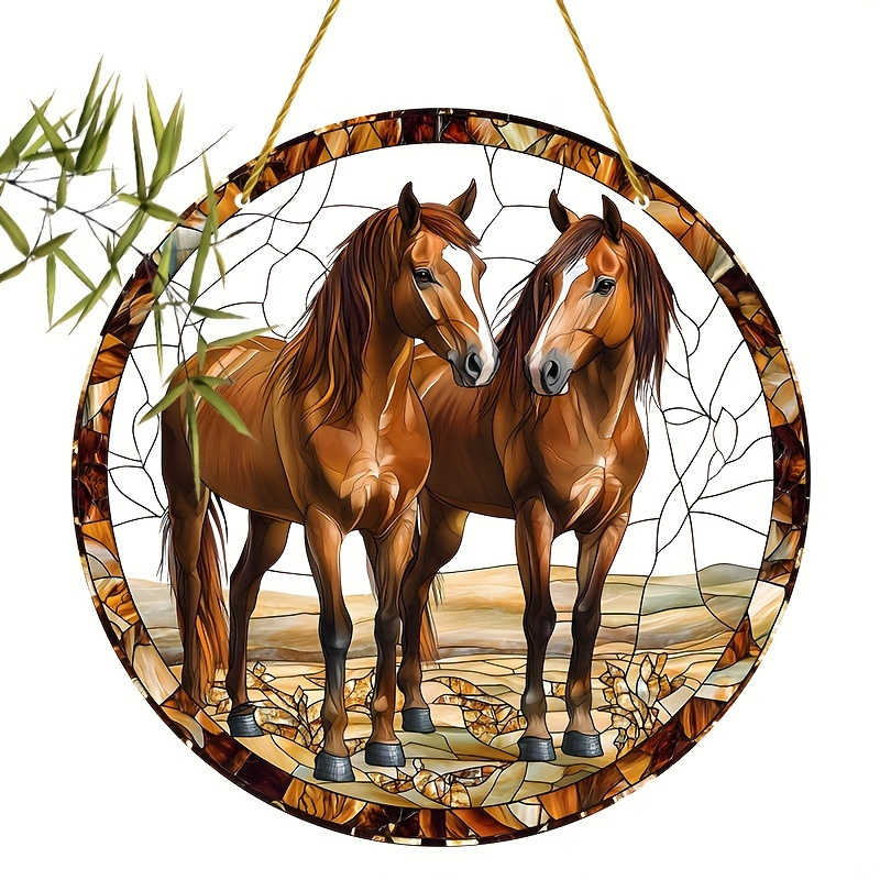 TEMU 2D Plat, 1pc 2D Acrylique Suncatcher - Design de Cheval Vibrant, 8x8 Pouces, Style de Fenêtre en Verre Coloré pour de Style Rural, de Ferme, de