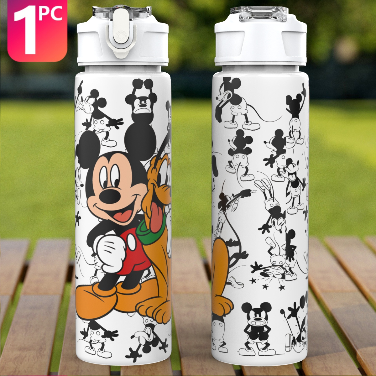 TEMU 1 Mickey And Goofy Plastic Water Bottle, Cute Print Design Plastic Sports Water Bottle, , Reusable 25oz 750ml Plastic Water Cup, Lightweight