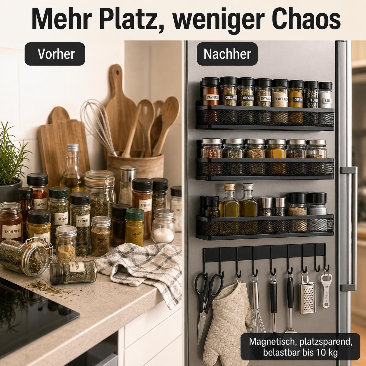 Image of 3pcs Magnetic Spice Rack Set, No-drill Refrigerator Side Organizer For Kitchen, Metal Seasoning Jar Storage Shelf With Hook Rail, To 10kg