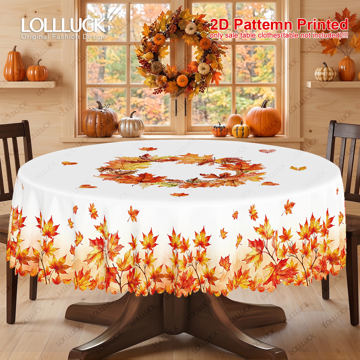 TEMU 1pc, Nappe de table pour fête d'automne, thème de fête, motif imprimé feuille d'érable orange jaune sur fond blanc, nappe ronde/ovale, bord ,