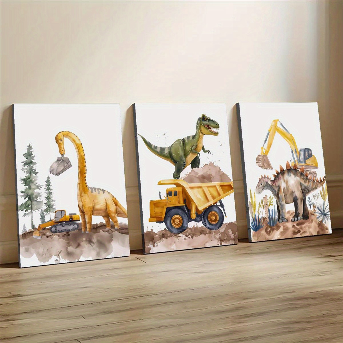 TEMU de posters de véhicules de construction de dinosaures 2D plats, 2D plats, 2D plats, 3 pièces, papier d'art de haute qualité 10X8 pouces cadre,