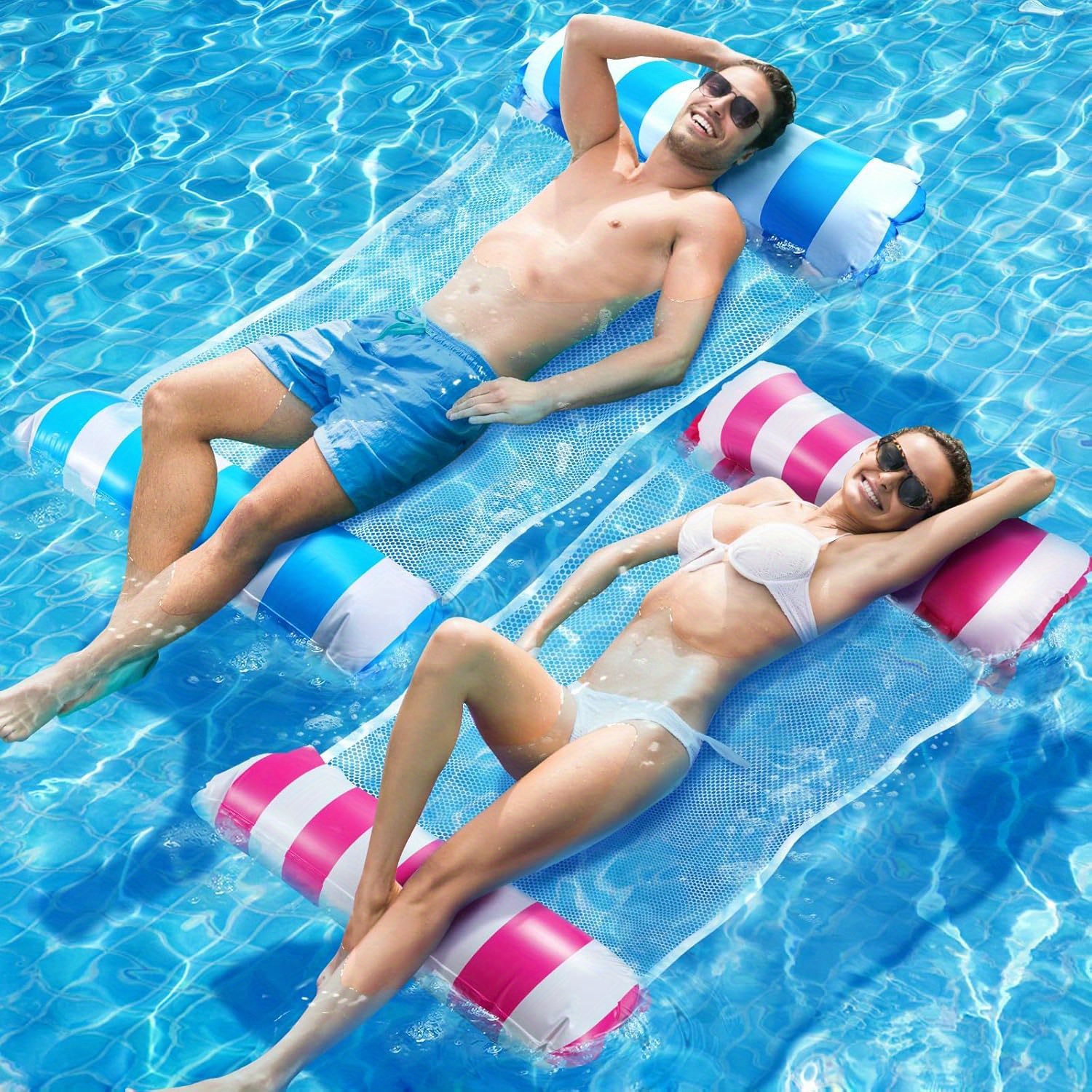 2pcs 4 in 1 inflatable water hammock air mattress for adults   durable pvc pool beach float with   striped design no pump needed for swimming lakes backyard parties inflatable lounger summer   poolside relaxation vibrant design stable floating device