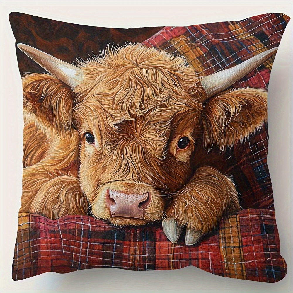 TEMU 1 Traditional Highland Cow Pattern Cushion Cover, 45.72x 45.72cm, Double-sided Printing, Short Fleece Fabric, Zipper Closure, Hand Wash,