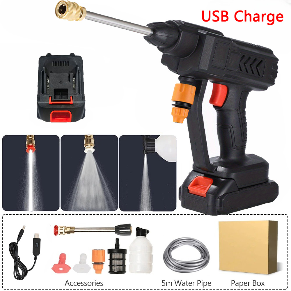 Set of Electric Cleaning Tools for Car Washing, Featuring a USB Rechargeable High-Pressure Washer, a 5-Meter Hose, a Rechargeable Battery, a Foam Sprayer, And a Multifunctional Nozzle