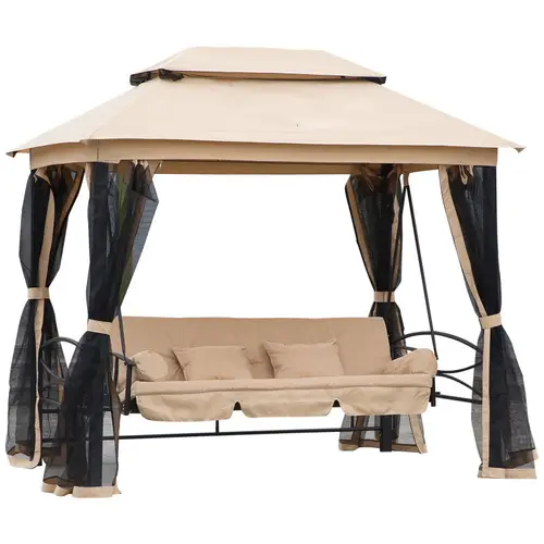 3 seat convertible patio swing chair to hammock bed with double tier vented canopy mesh cushioned seat pillows beige outdoor gazebo powder coated 660lb capacity hammock chair functional outdoor furniture elegant outdoor decor durable garden furniture