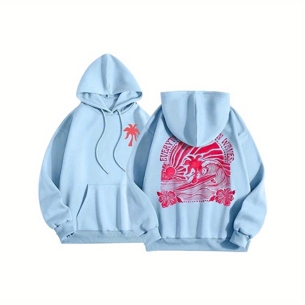 Teen Girls' Light Blue Palm Tree & Floral Print Hoodie - Soft Lightweight Pullover with Kangaroo Pocket, Plus Size Casual Streetwear Sweatshirt, Sweatshirts for Teen Girls, Street Party Apparel, Preppy Style Hoodie, Faderesistant Print