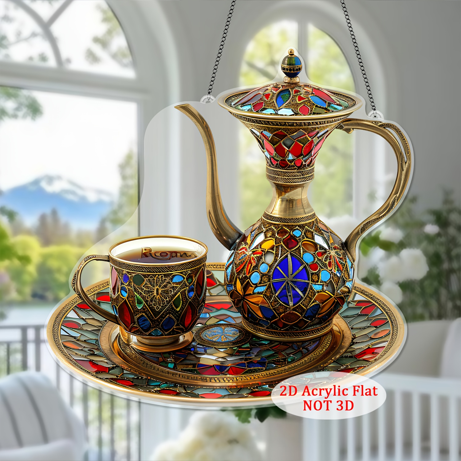 

Luxury Arabic Tea Set Suncatcher - 7.7" X 8" Mosaic Acrylic Decoration, Ramadan And Holiday Table Settings, Unique Holiday Gift