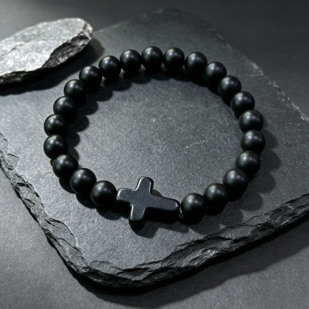 Natural Matte Black Agate Beads Bracelet with Cross Pendant