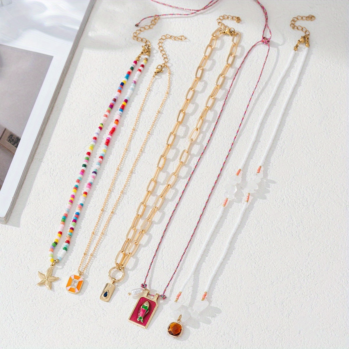 Image of 5pcs Colorful Beaded Necklace Set For Women With Starfish Enamel Square Fish Tag Pendants, Stackable Necklaces