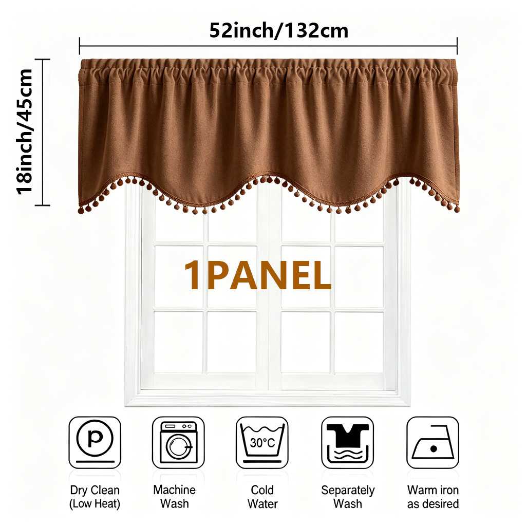 TEMU 1pc Light Luxury European Blackout Window Valance With Wavy Lace Trim & Ball Lace Trim - Coffee-colored Thick Soft Suitable For Bay Window,