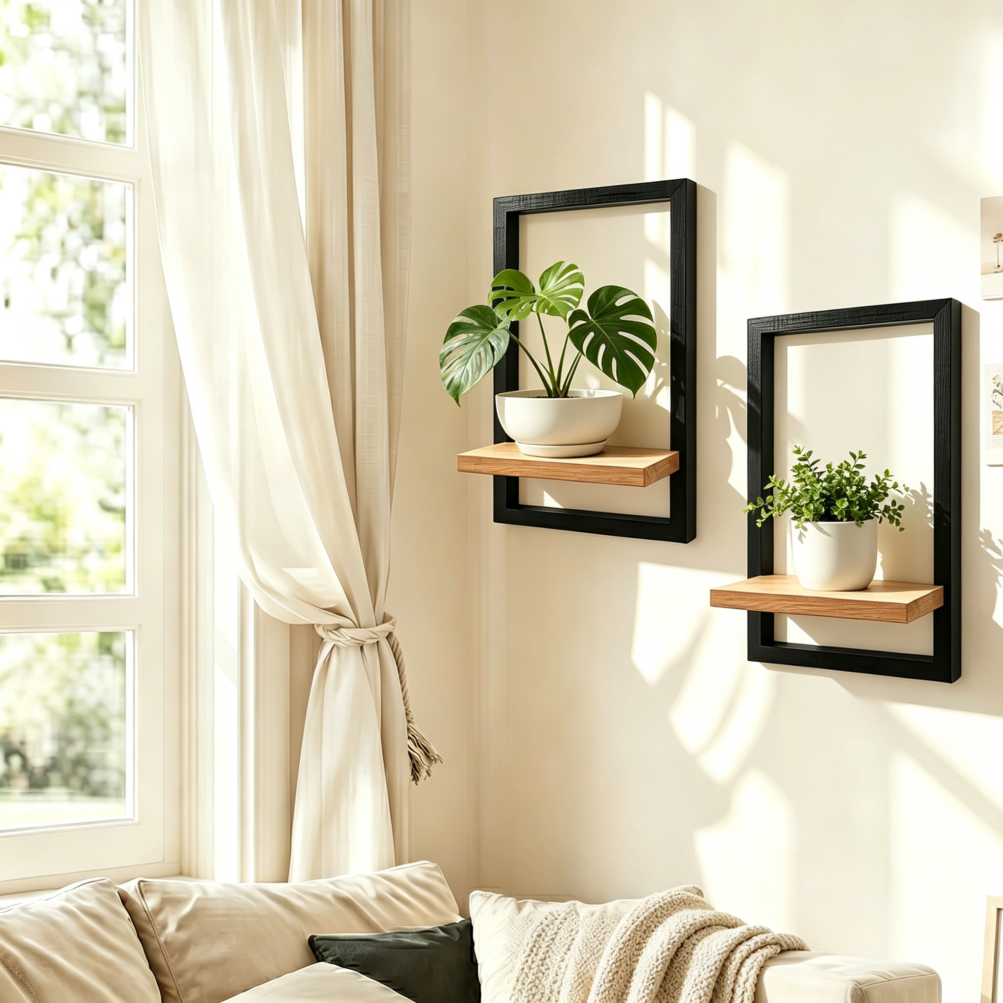 TEMU 2 piezas Marco Negro y Estante Flotante de Tablero Ligeramente Quemado, Soporte de Pared para Plantas, Decoración de Pared para Baño, Estante
