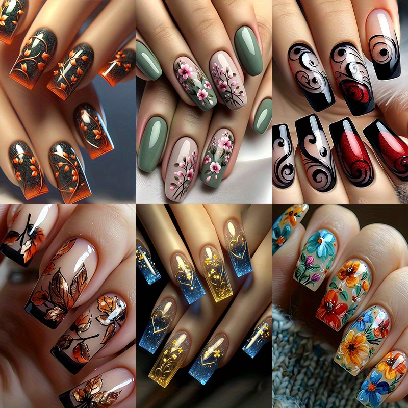 TEMU 144pcs (6pcs) Dark Square False Nail Stickers With Leaves And Flowers Pattern - , Easy To Apply And Remove, Very Suitable For Women's Fashion
