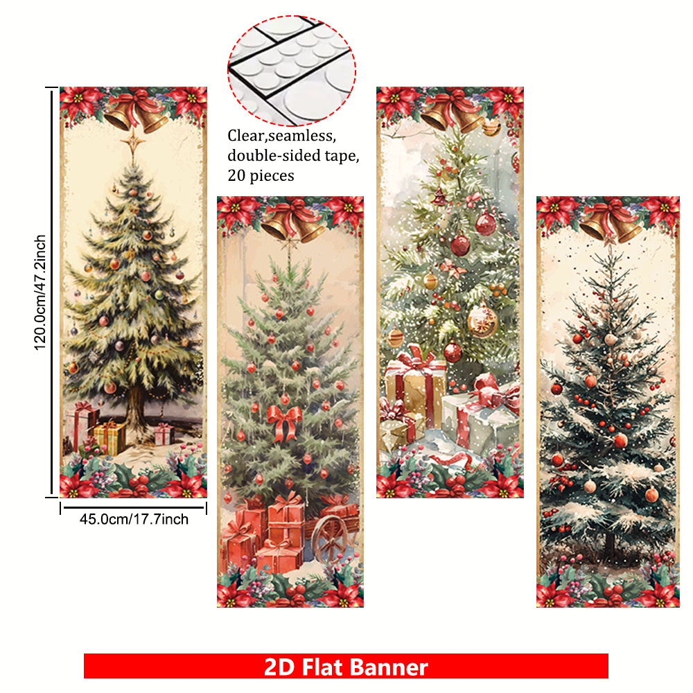 TEMU 2d Flat, 2d Flat - 2d Flat, 2d Flat - 4 Polyester Party Banners Featuring 4 Christmas Trees With Colorful Ornaments And Bows, With Gift Boxes