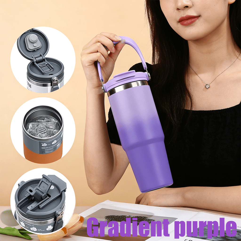 TEMU 30-ounce Gradient-colored Large-capacity Water Bottle With Handle And Straw-fits In Cup Holders, A Large-capacity Portable Sports Water Bottle