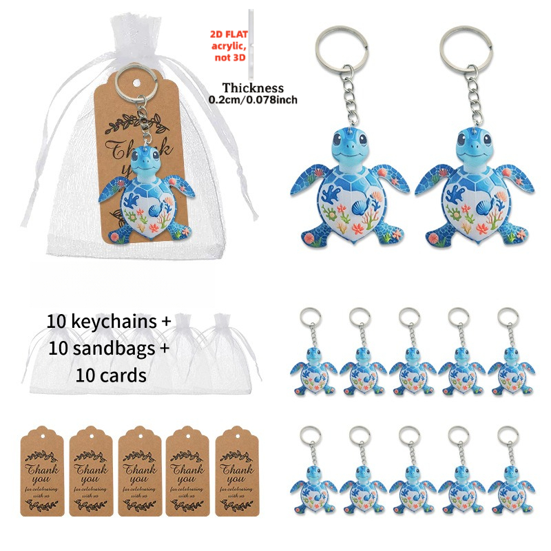 TEMU 2D Plat - Ensemble de porte-clés 2D FLAT1 Tortue en acrylique, Breloque de sac animal marin avec sac en organza et étiquette de remerciement,
