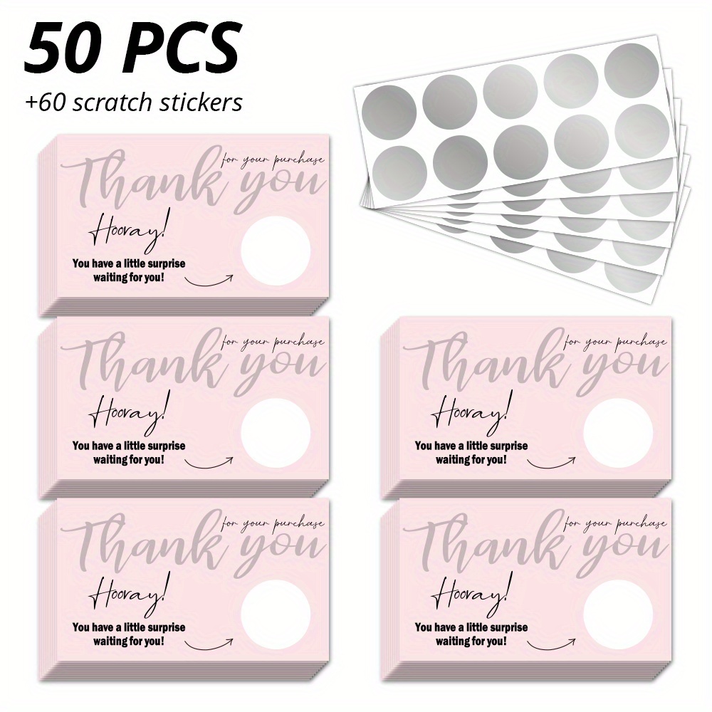 E-shop 50 "Danke für Ihren Kauf" Abkratzkarten mit 60 Aufklebern, leere Geschenkgutschein-Karten, "Danke" Bestellkarten für Kleinunternehmen, basteln