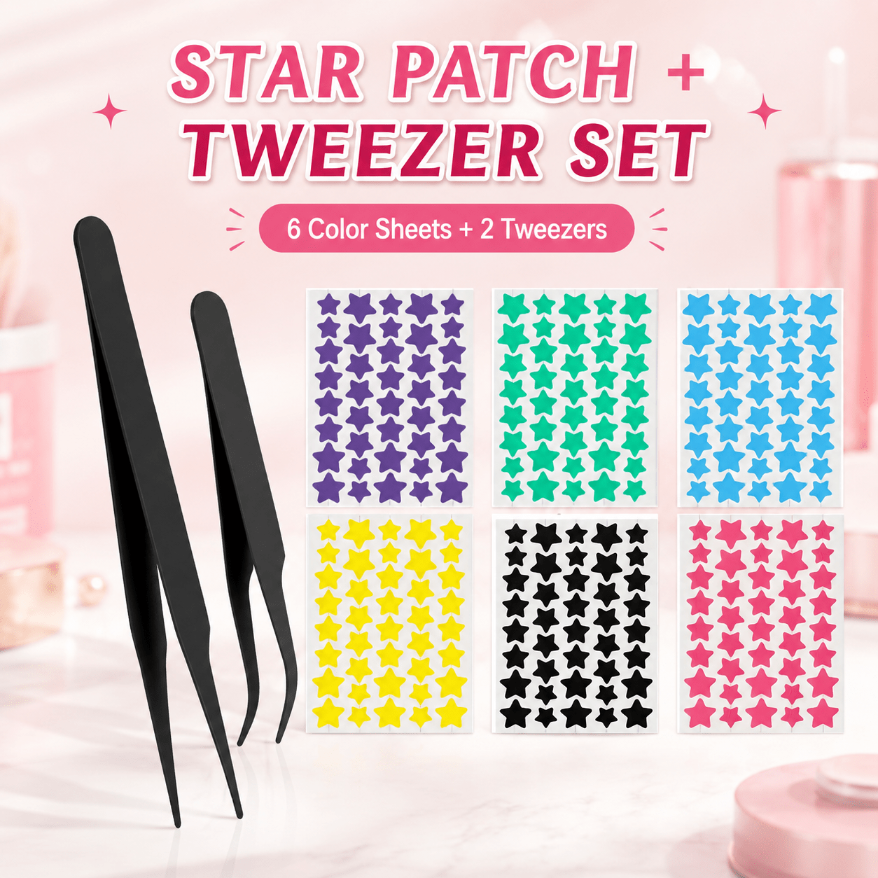 6-Color Star Pimple Patch Sheets with Precision Tweezers