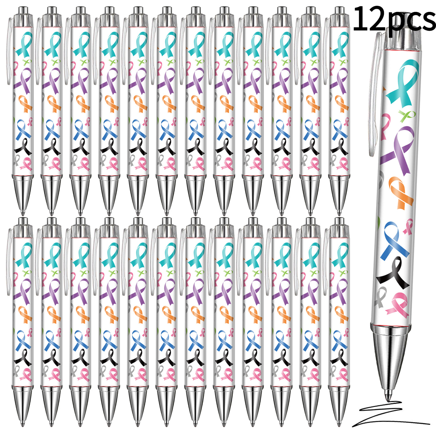 TEMU 12-pack Awareness Ballpoint Pens Bulk Colorful Ribbon | Black Ink Retractable Design, For Doctors Nurses Charity Public Events, Breast Lung