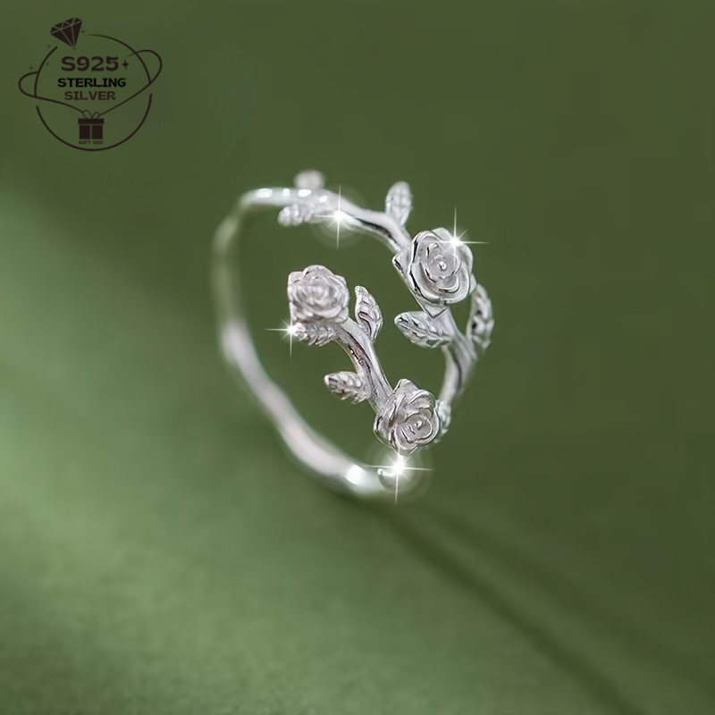 TEMU S925 Silver Adjustable Rose Flower Hollow-out Ring, Fits All Sizes. Ideal For Couples, , Or Daily Occasions Like Weddings, Parties, Beach Trips,