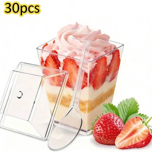 30 stück (10 tassen und 10 deckel und 10 löffel) wiederverwendbare quadratische dessertbecher mit deckel und löffeln - auslaufsichere milchshake, , pudding, bubble tea- und saftbehälter für party, bäckerei, café und zuhause, zum servieren von joghurt, obstsalat