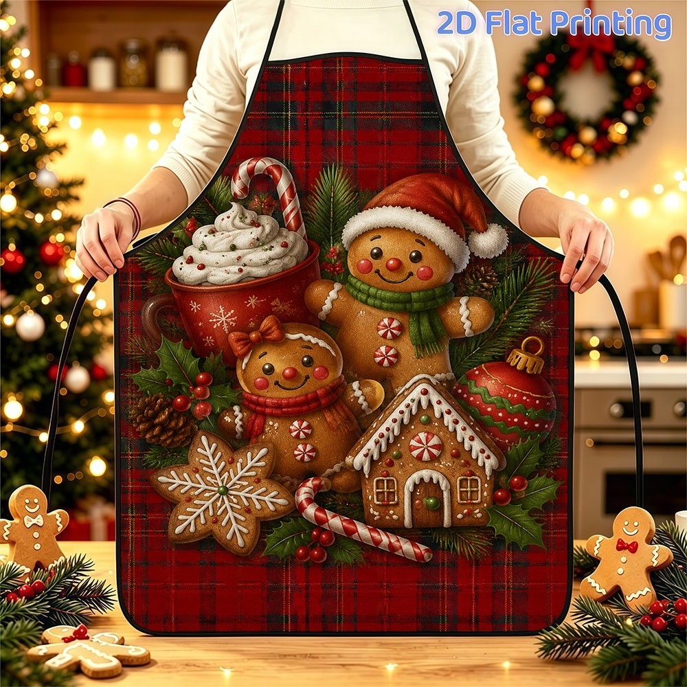 TEMU 1pc Christmas Kitchen Apron, 2d Flat Print Festive Gingerbread For Man & Scene On Red Plaid Background, Polyester Apron With Adjustable Belt