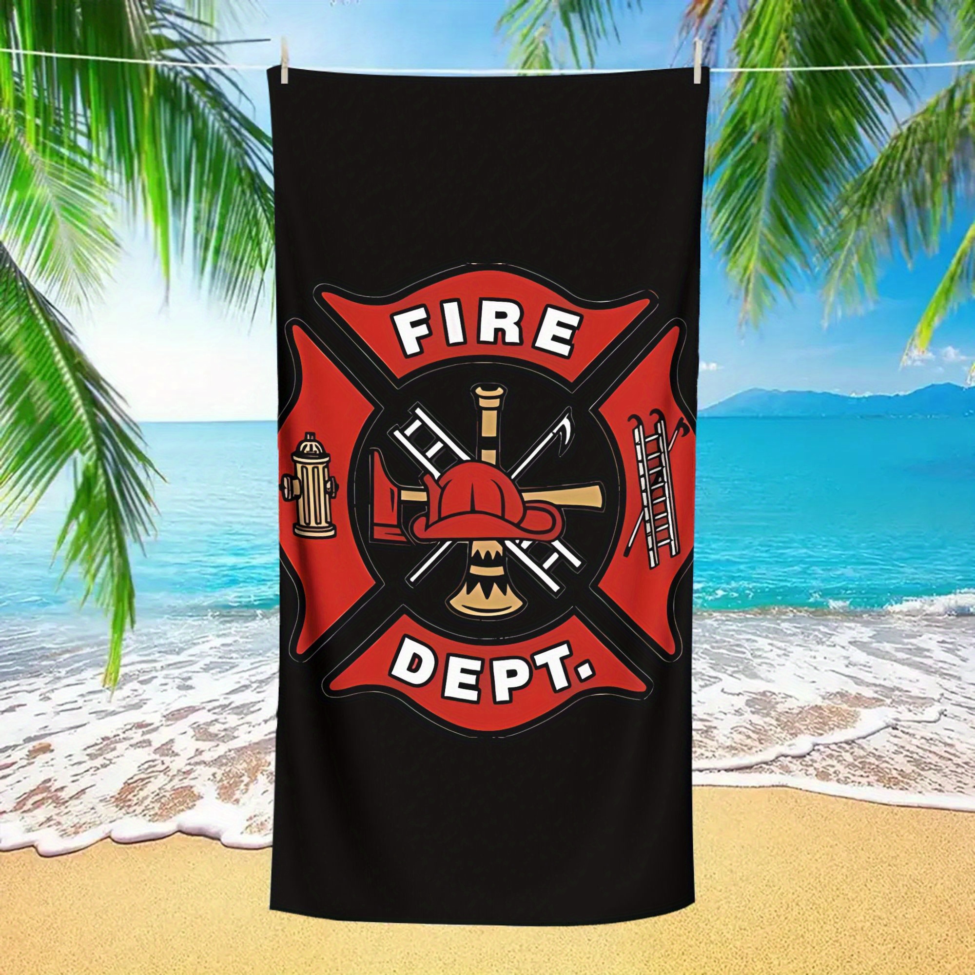 TEMU 1pc Fire Logo Fireman Towel - Soft Microfiber Suitable For Travel, Pool, Beach & Camping - Firefighter-themed Accessory With For , Seaside Trips