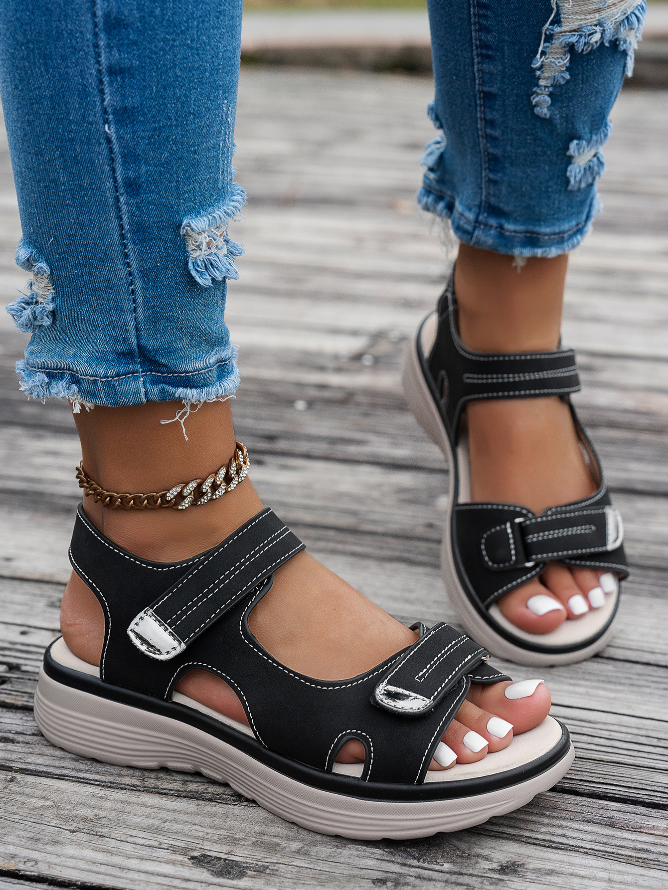   womens ankle strap sandals thick platform wedge heel breathable pu cover open toe casual   with cushioned insole secure straps for summer   Product details 3