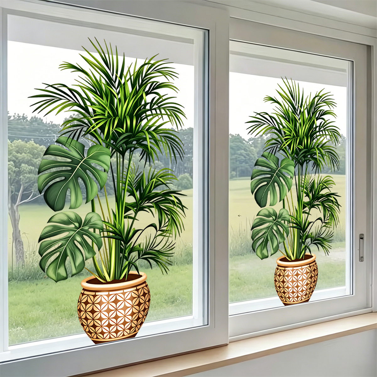 TEMU Tropical Greenery Potted Plant Window Stickers, Monstera And Palm Leaf Glass Decals, Suitable For Living Room, Bedroom, Kitchen, Bathroom Glass